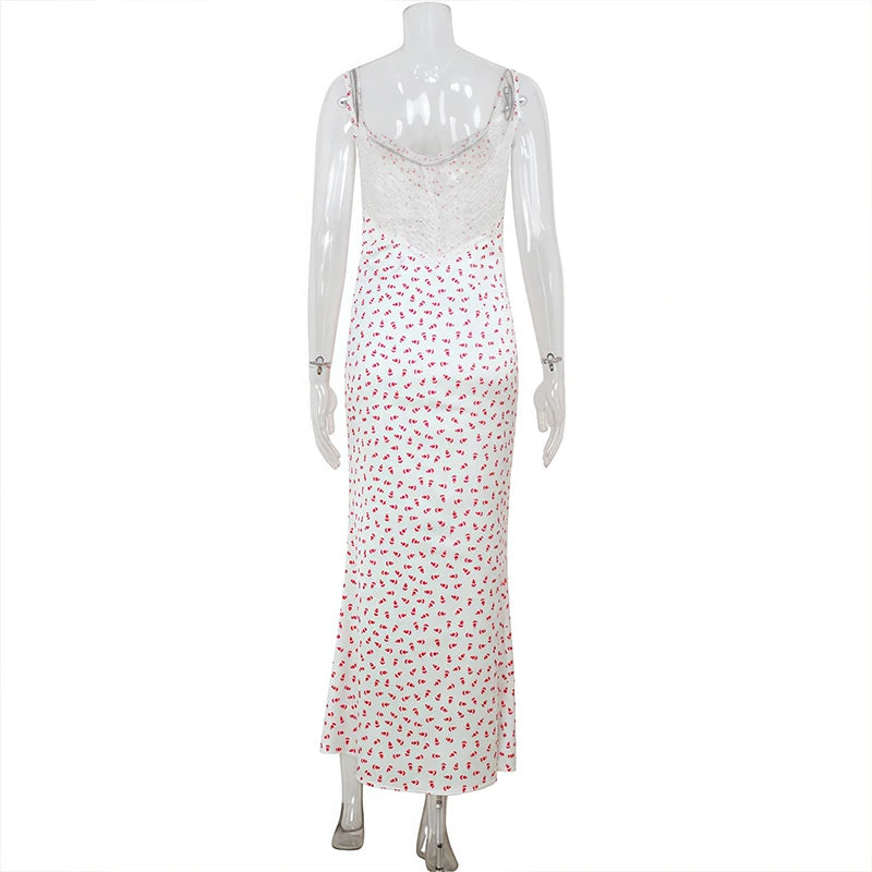 Voguable  Gentle Style Floral V Neck Spaghetti Strap Backless Lace Patchwork Maxi Dresses Strap Club Printing Gowns for Women voguable