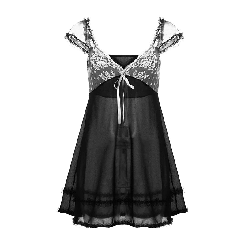 Kawaii Lace Patchwork Dress y2k Women V Neck Sleeveless A-line Mini Dresses with Bow 2000s Fairycore Grunge Dresses voguable