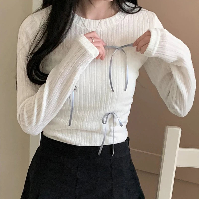 Voguable Sweet Multi Bows Knitted Top Pink White Casual Basics Slim-fit Tops Autumn Spring Korean Style Kawaii Knitwear Autumn voguable