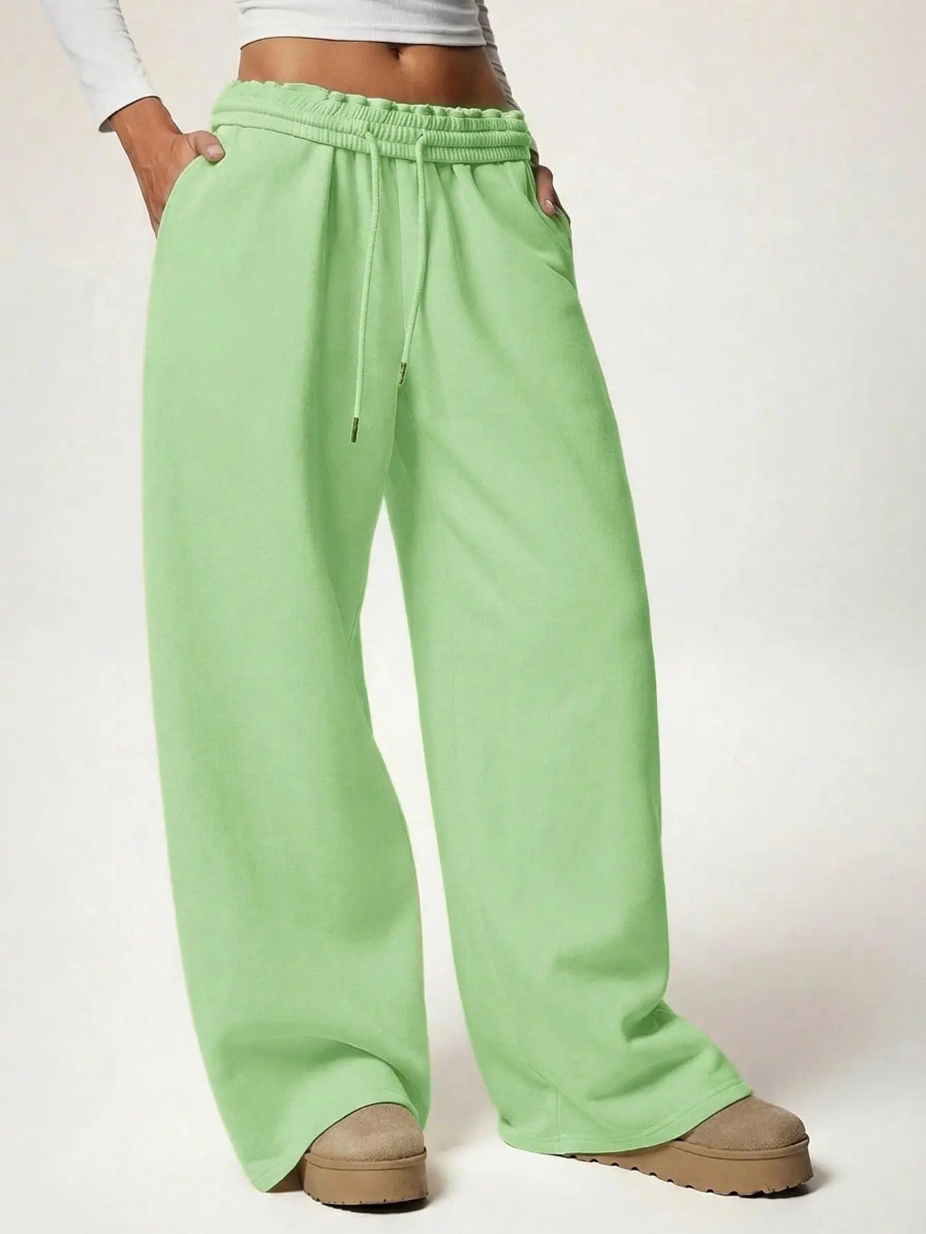 Voguable  High Waisted Drawstring Solid Color Loose Fit Women's Wide Leg Pant Autumn and Winter New Simple Straight Leg Pants Fashion voguable