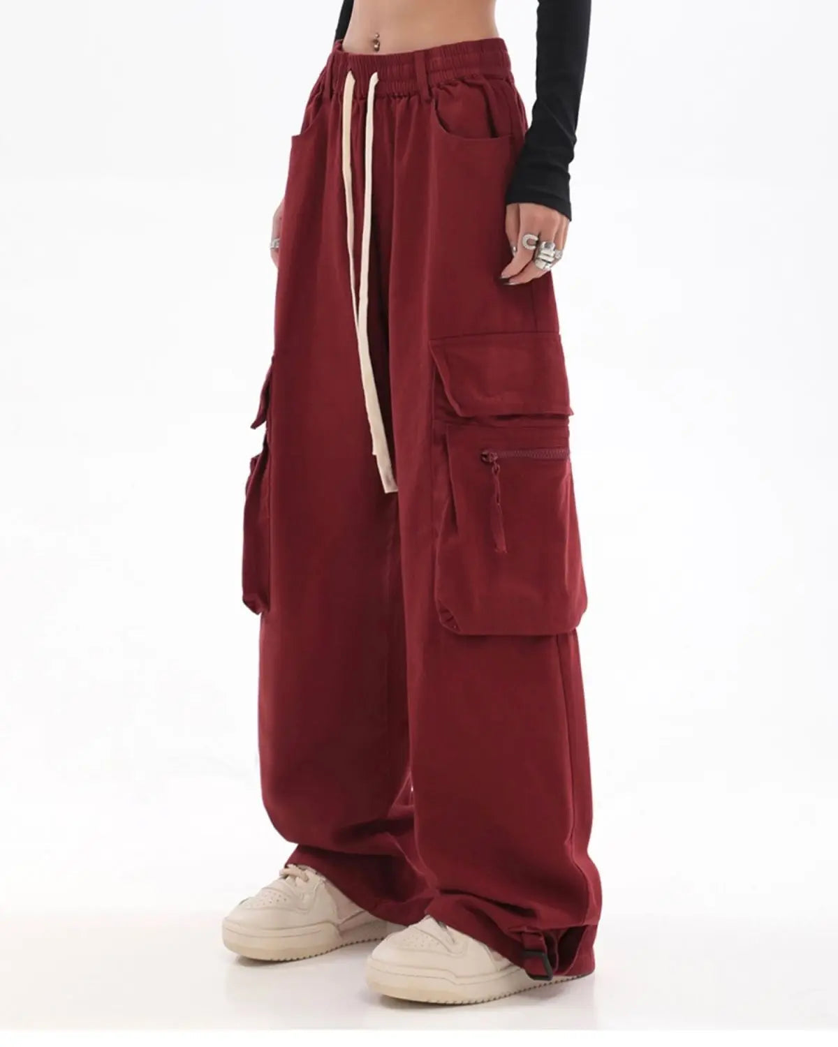 Streetwear Vintage Hip Hop Oversize Red Cargo Pants Women Drawstring Elastic Waist Loose Wide Leg Harajuku Casual Trousers 2023 voguable