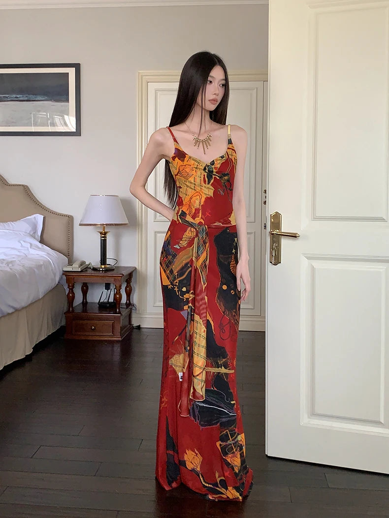 Designer Painted Long Dress For Woman Summer 2025 Mesh V Neck Sundress Boydocn Maxi Slip Dress Fashion Clothes voguable