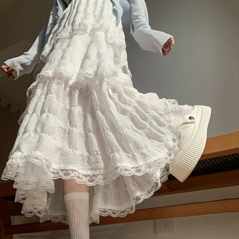 Voguable  Sweet Lace Ruffles Long Skirt Women Summer Cute Puff Cake A Line Skirt Woman Korean Style High Waist White Chiffon Tulle Skirt voguable