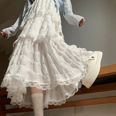 Voguable  Sweet Lace Ruffles Long Skirt Women Summer Cute Puff Cake A Line Skirt Woman Korean Style High Waist White Chiffon Tulle Skirt voguable