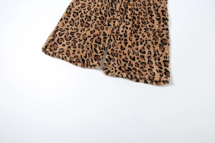 Voguable  Furry Leopard Print 2-Piece Set Women Punk Style Hottie Sleeveless Crop Vest+Wide Pants Trend Matching Street Suits voguable