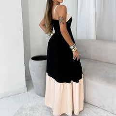 Voguable  Ladies Fashion Spaghetti Strap U Neck Patchwork Ruched Hem Maxi Party Evening Dress Summer Backless Skinny Outfits Streetwear voguable