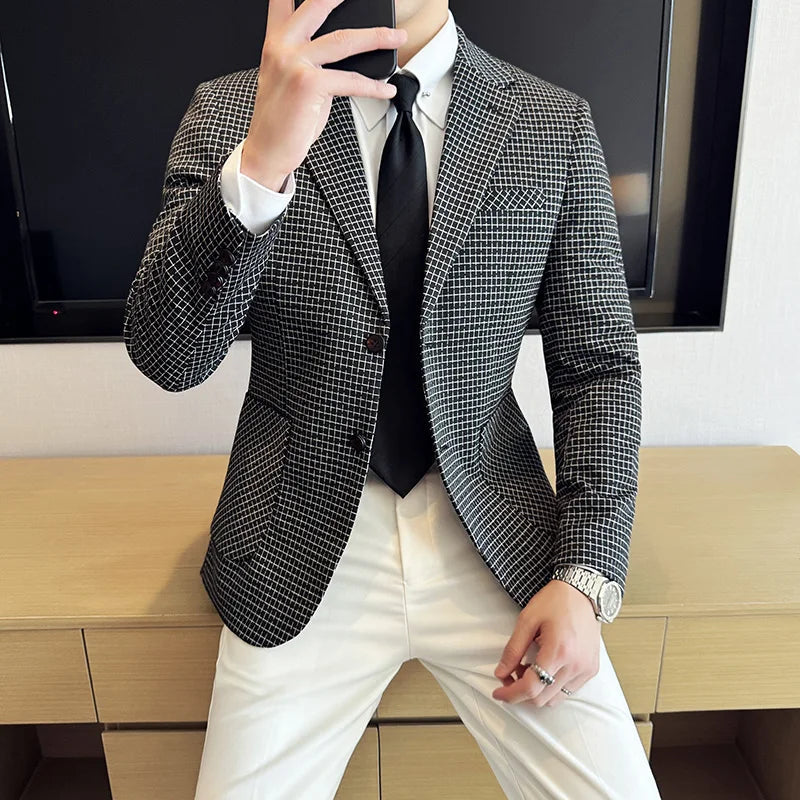 Voguable  Luxury and Fashionable Men's Suit Jacket Blazer Business Slim Fit Lapel Plaid Dress Suit Wedding Groom Tailcoat Suit Jacket4XL-M voguable