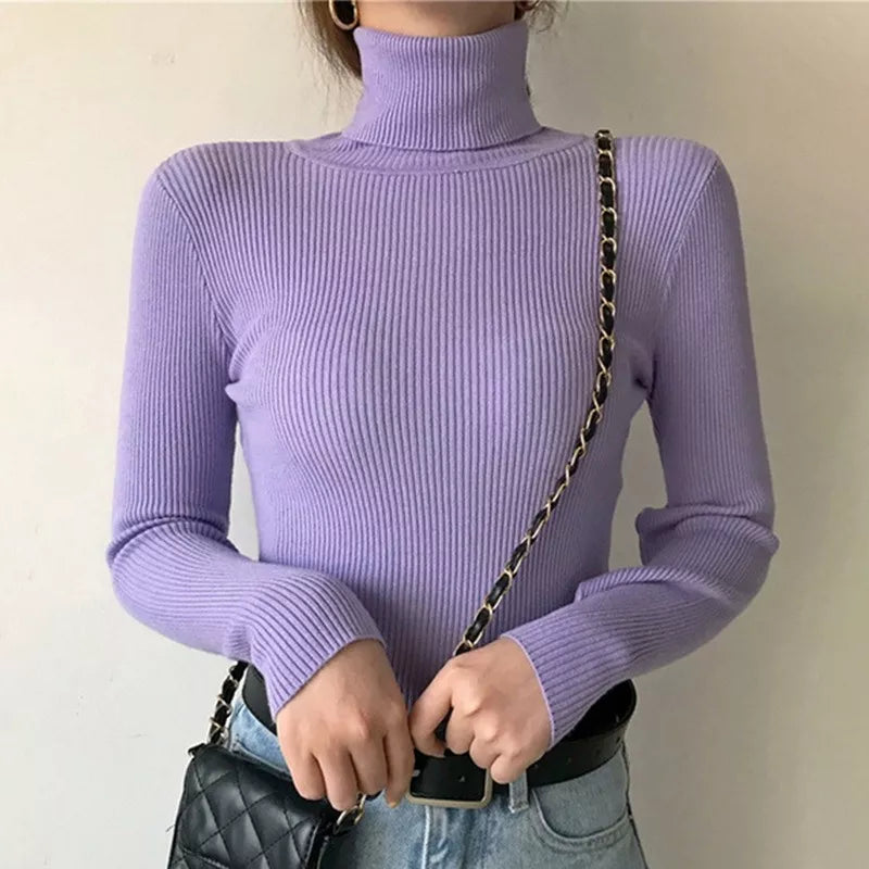 Elegant Solid Basic Knitted Tops Women Turtlneck Sweater Long Sleeve Casual Slim Pullover Korean Fashion Simple Chic Clothes voguable
