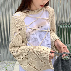 Voguable 2024 Summer New Letter Print Loose Casual Short Sleeve T-Shirt Women + Hollow Sunscreen Lace-Up Knit Sweater Two-piece Suit voguable