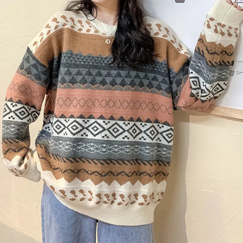 Vintage Sweaters Women Pullover Winter Striped Jumpers Korean Style Loose Pullover Knitwear Casual Loose Sweater Pull Femme voguable