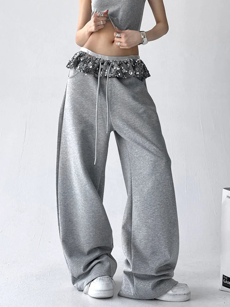 Chic Bright Silk Patchwork Sweatpants Women Loose Streetwear High Waist Casual Pant Fashion Pockets Fall American Gray Trousers voguable