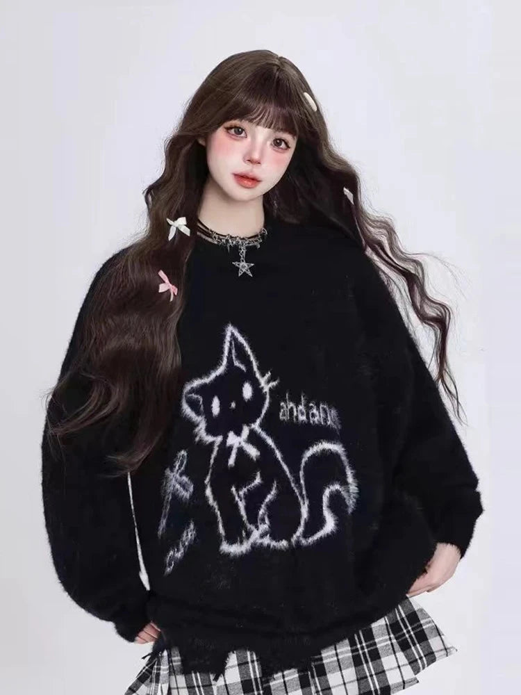 Kawaii Hole Sweet Sweaters Women Vintage Faux Mink Cashmere Cartoon Knitted Jumper Preppy Style Cute Japan Lazy Wind Tops voguable