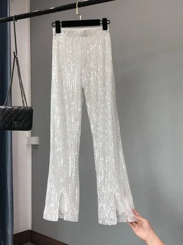 Voguable  New Autumn and Winter Women's Fashionable Shiny White Trousers, Versatile Slimming High Waist Sequined Flared Trousers voguable