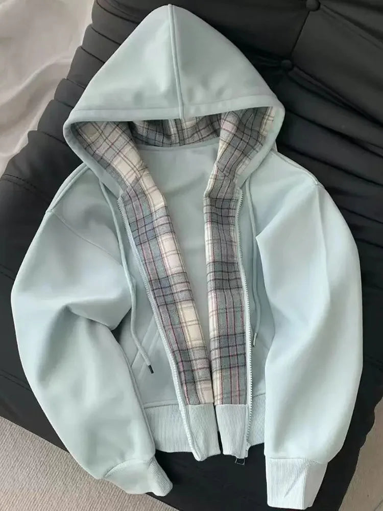 Plaid Patchwork Blue Hoodies Women Sweet Preppy Style Long Sleeve Cute Sweatshirts Loose Casual Vintage Female Korean Tops New voguable