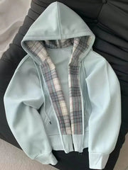 Plaid Patchwork Blue Hoodies Women Sweet Preppy Style Long Sleeve Cute Sweatshirts Loose Casual Vintage Female Korean Tops New voguable