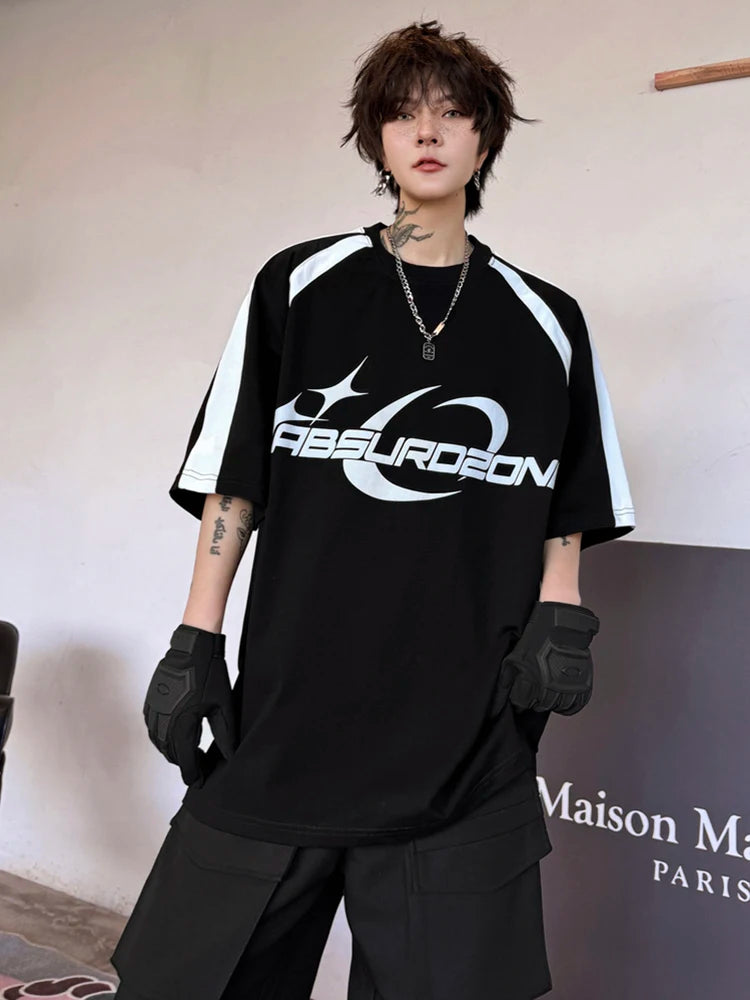 Voguable Letter Printed Splicing Design Fashion Handsome Short Sleeved T-shirts Summer New Trendy Korean Men's Street Tops voguable