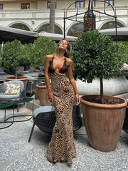 Sexy Lace Patchwork Women Leopard Print Maxi Dress Fashion Deep V-neck Sleeveless Backless Dresses Female High Street Slim Robes voguable