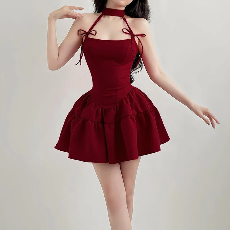 Voguable  Christmas Party A-line Sleeveless Dress Red Black Kawaii Bow Halter Ball Gown Princess Dresses Kawaii Lolita Korean voguable