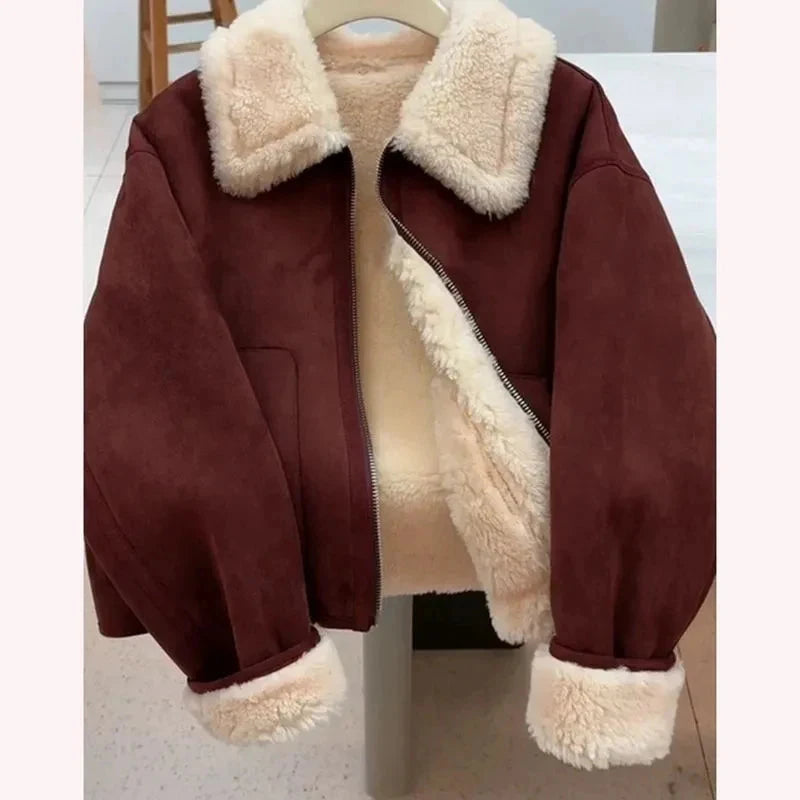 Faux Lamb Suede Jacket Women Winter Warm Long Sleeve Vintage Cotton Coat Korean Casual Lady Thick Long Sleeve Retro Tops voguable