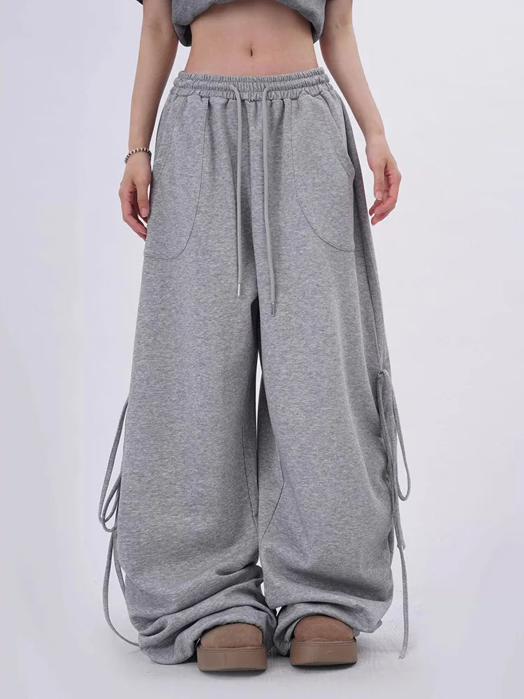Streetwear Gray Sweatpants Women Low Waist Loose Harajuku Pockets Pants American Casual Hip Hop Lace Up Oversize Bf Trousers New voguable