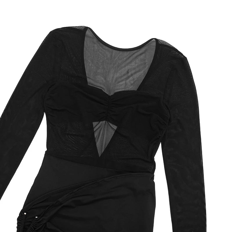 Voguable  Women's Autumn Mesh Patchwork Y2k Black Sexy Mesh Ruched Sheer Long Sleeve Romper Backless Bodycon Club Playsuits Outfits voguable