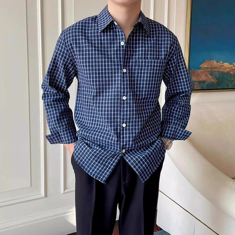 New American Retro Men Shirts Light Luxury Textured Lapel Plaid Long Sleeve Cardigan Leisure Trendy Premium Check Blouse M-2XL voguable