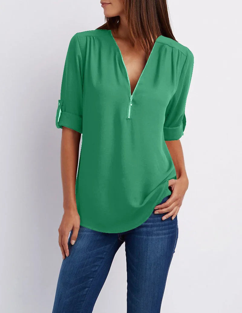 Summer Women Cool Loose Shirt Deep V Neck Chiffon Blouse Casual Ladies Tops Sexy Zipper Pullover Plus Size Long Sleeve Fashion voguable