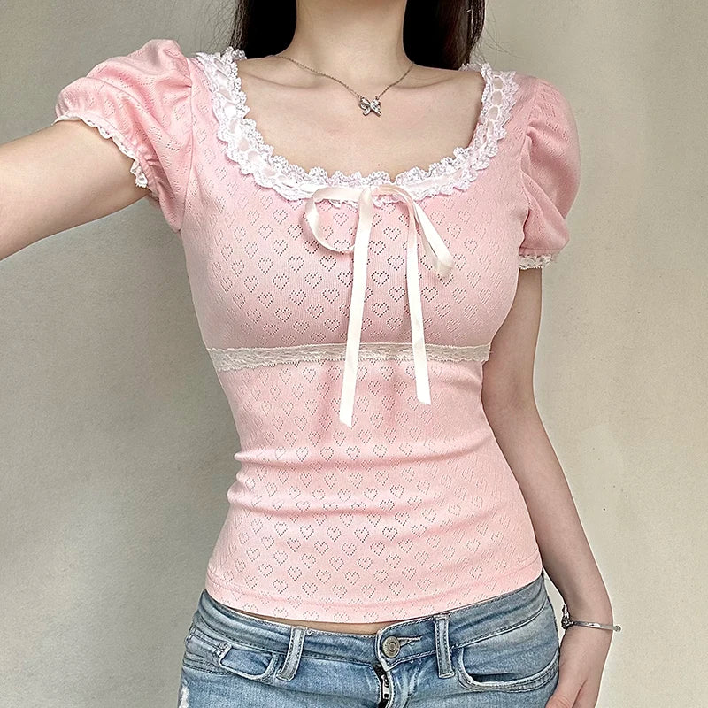 Voguable Coquette Aesthetic Jacquard Heart-shape T-shirt Women's Summer Y2K Japanese Kawaii Contrast Lace Stitching Bow Tops New voguable
