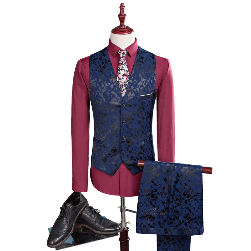 Men Suit  Business Leisure Single Breasted Suits 3 Pieces Sets Male Printing Groom Wedding Dress Jacket Blazers Coat Vest Pants voguable