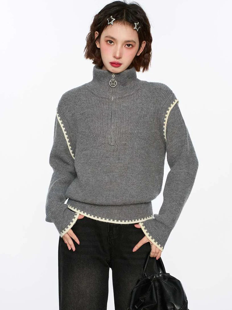 Streetwear Retro Gray Sweaters Women Loose Harajuku Long Sleeve Knitted Pullover Y2K American Turtleneck Vintage Jumper New voguable