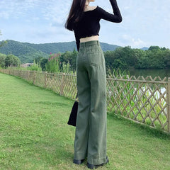 Korean Fashion Loose Versatile Wide Leg Jeans Women High Waist Solid Pocket Zipper Summer Thin Casual Straight Full Length Pants voguable