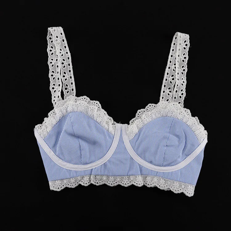 Lace Patchwork Camisole Vest + A-line Skirt Hot Girl Set Women's High Waist Skirt Bras Sweet Blue Beach Summer Two-piece Set voguable