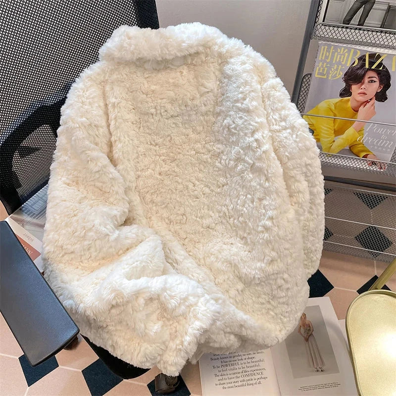 Warm Faux Lamb Cute Coat Women Sweet Long Sleeve Winter Thick Jacket Casual Pockets Japan Kawaii Loose Soft Vintage Tops voguable