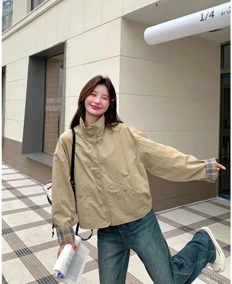 Vintage Plaid Cargo Jacket Women Retro Double Sided Wear Preppy Style Sweet Coat Korean Fall Winter Long Sleeve Pockets Top voguable