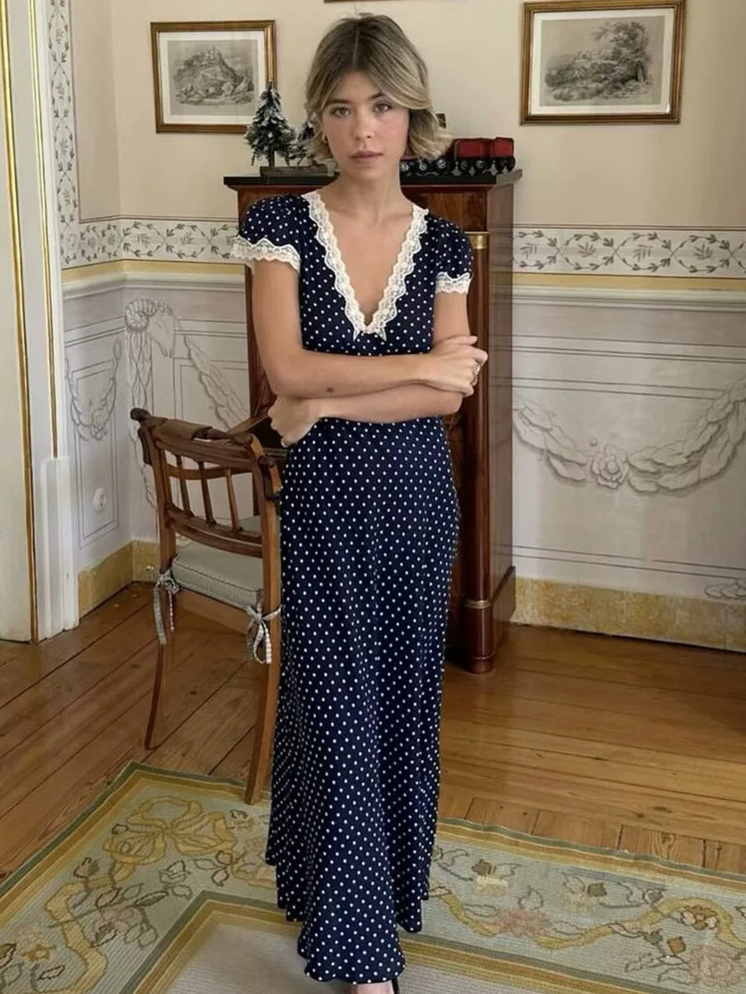 Chic Fashion Lace Polka Dot Long Dress V-neck Sexy Women Dress Navy Blue Vintege Elegant Dresses 2025 New Woman Clothing voguable