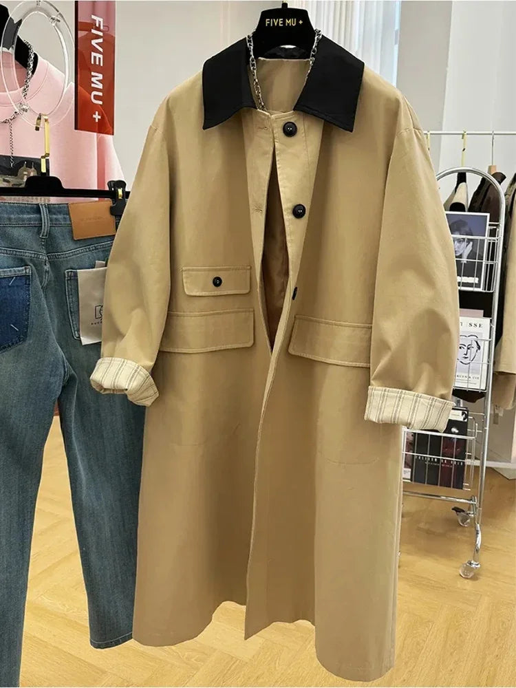 Y2K Fashion Patchwork Cargo Jacket Women Autumn Korean Chic Lapel Midi Windbreaker Bf Long Sleeve Loose Streetwear Overcoat voguable