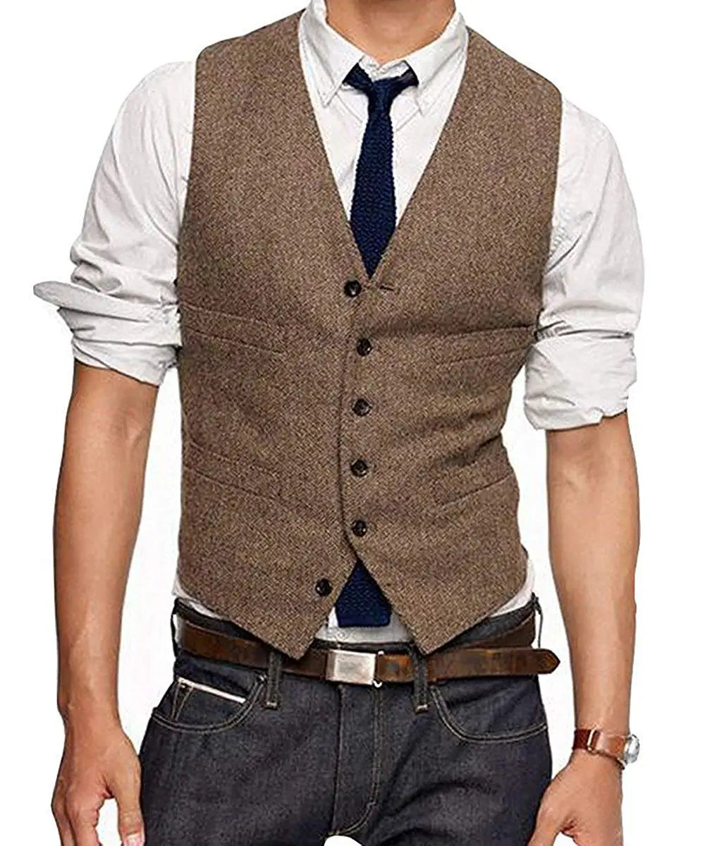 Men's Classic Vest Single Breasted Slim Fit Vintage Modern Waistcoat Casual Gilet Herringbone Wedding voguable