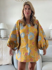 Elegant Printed Women's Jacquard Waist Dress Fashion O Neck Lantern Sleeve Short Vestidos Autumn Lady Party Chic Streetwear voguable