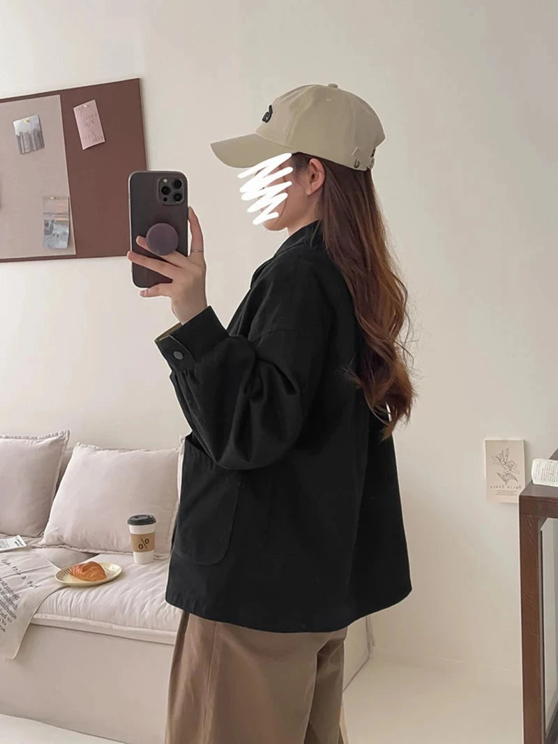 Fall Women Cargo Jacket Loose Preppy Style Long Sleeve Vintage Coat Casual Big Pockets American Retro Solid Bf Outwear Tops voguable