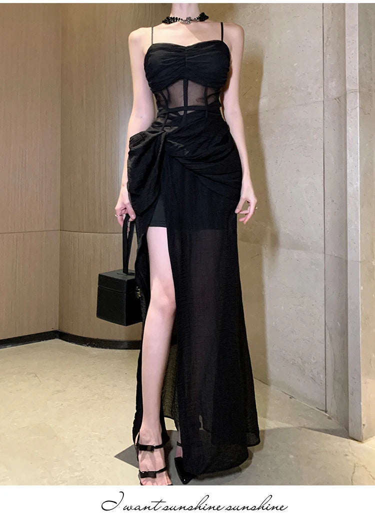 Voguable Summer New Black Slim Waist Women's Dresses Split Sleeveless French Style Sexy Fashion Female Evening Dress Party Club voguable