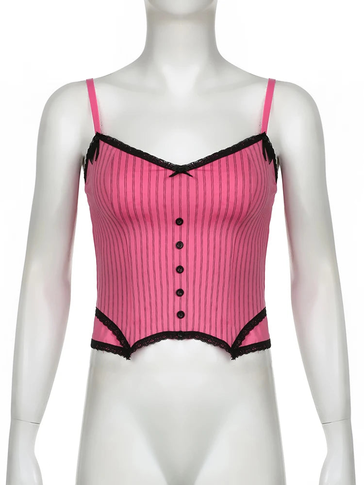 Sweet Bow Stitched Pink Crop Top Vintage y2k Patchwork Sleeveless Striped Print Tees Women Casual Basic Camisole Kawaii voguable