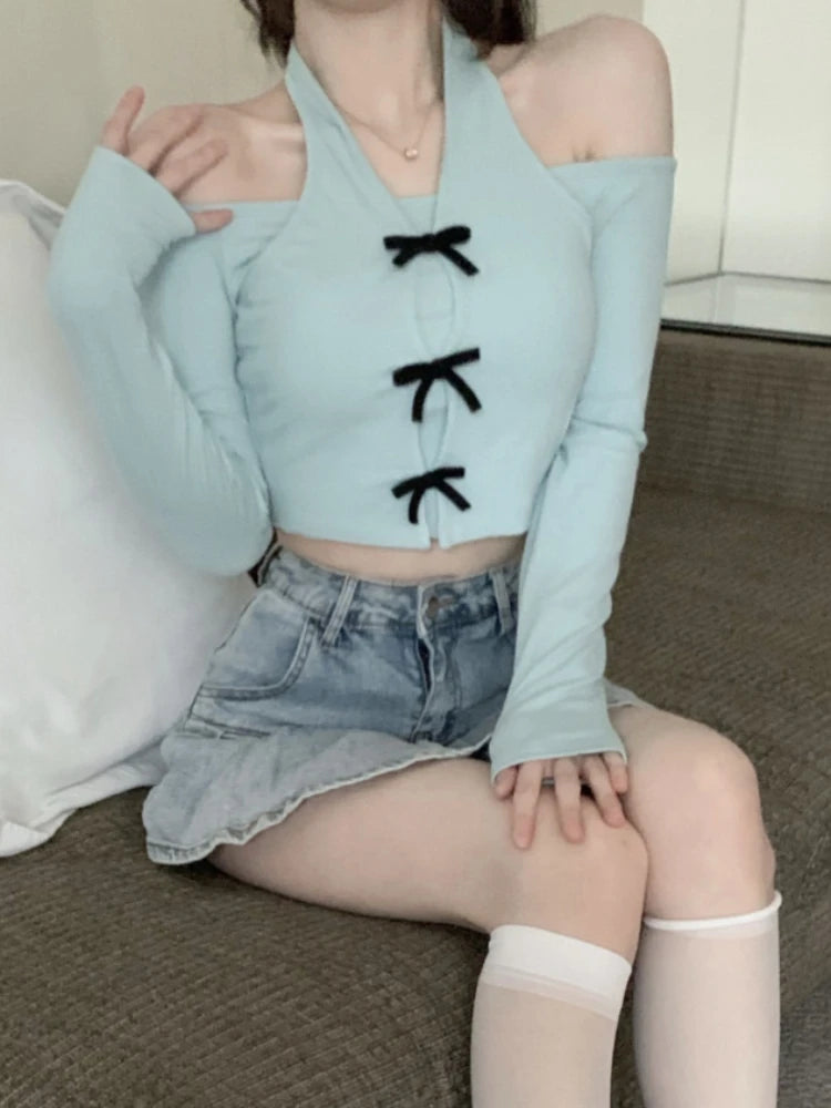 Voguable Coqutte Off The Shoulder Tops Fake 2pcs Hotsweet Solid Color Collar Halter Kpop Slim T Shirt Long Sleeve Basic Shirts. voguable