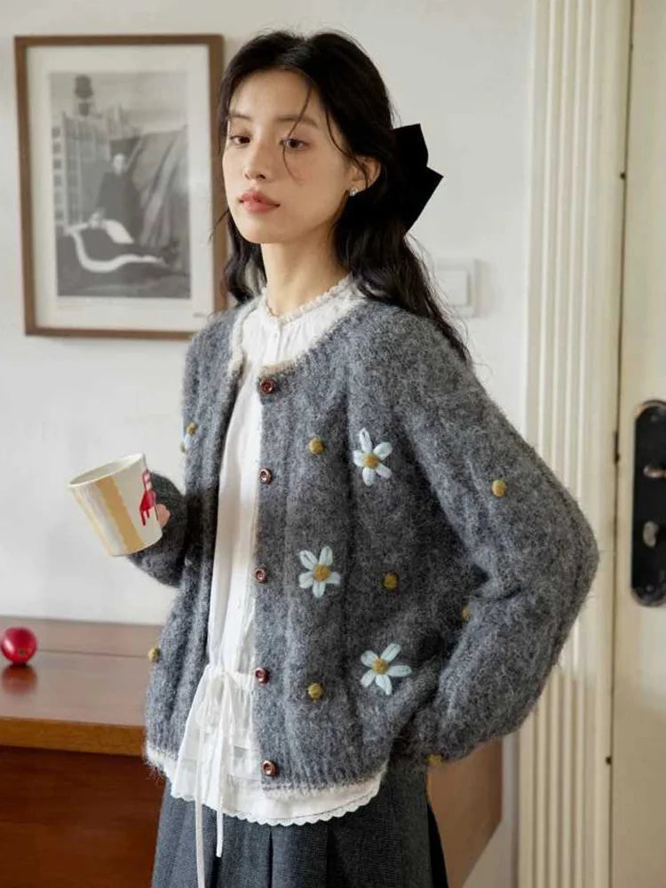 Elegant Floral Gray Cardigan Women Lazy Wind Long Sleeve Sweet Knitted Sweaters Vintage Japan Casual O Neck Female Retro Tops voguable