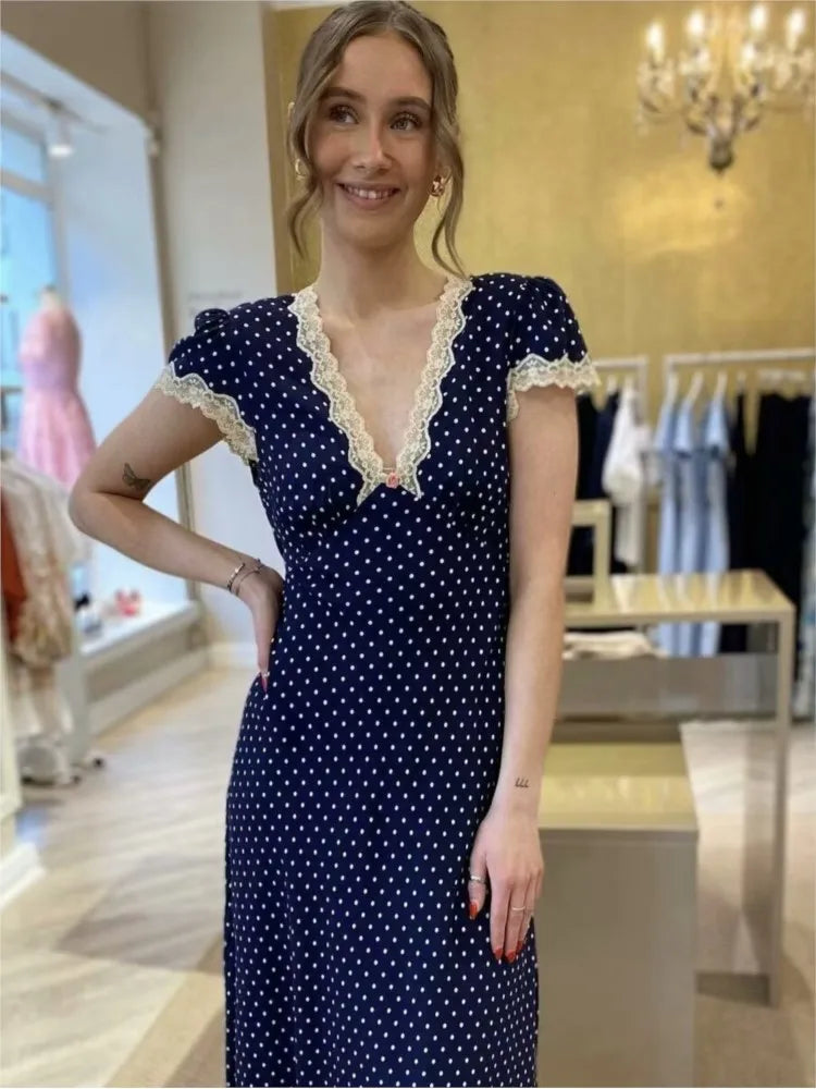 Chic Fashion Lace Polka Dot Long Dress V-neck Sexy Women Dress Navy Blue Vintege Elegant Dresses 2025 New Woman Clothing voguable