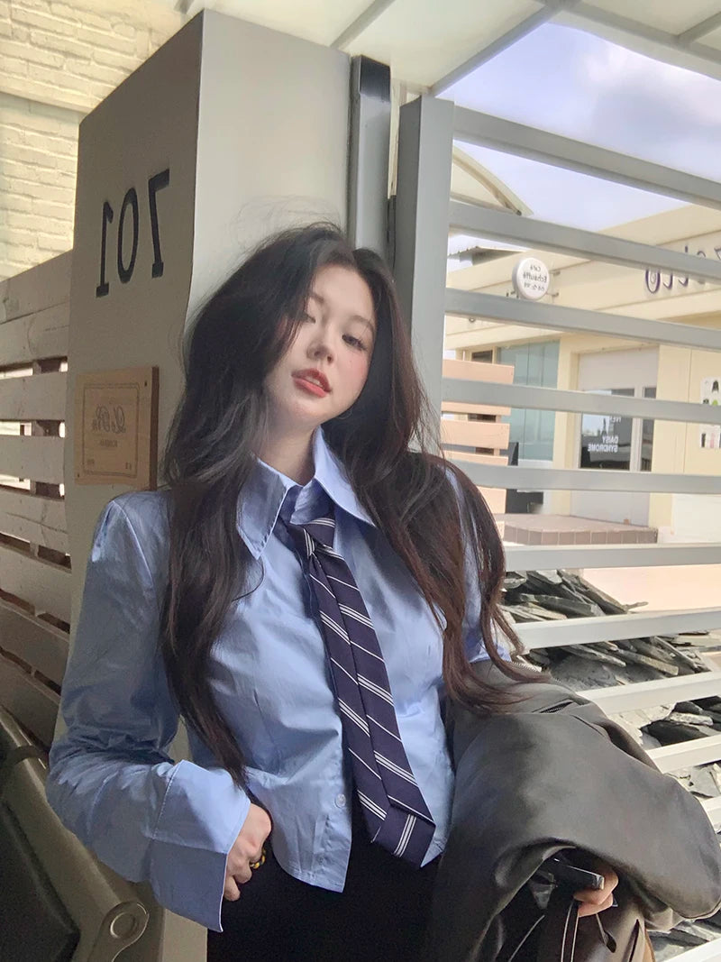 Streetwear Tie Shirts Women Preppy Jk White Long Sleeve Crop Tops Student Korean College Slim Blouses Spring Autumn New voguable