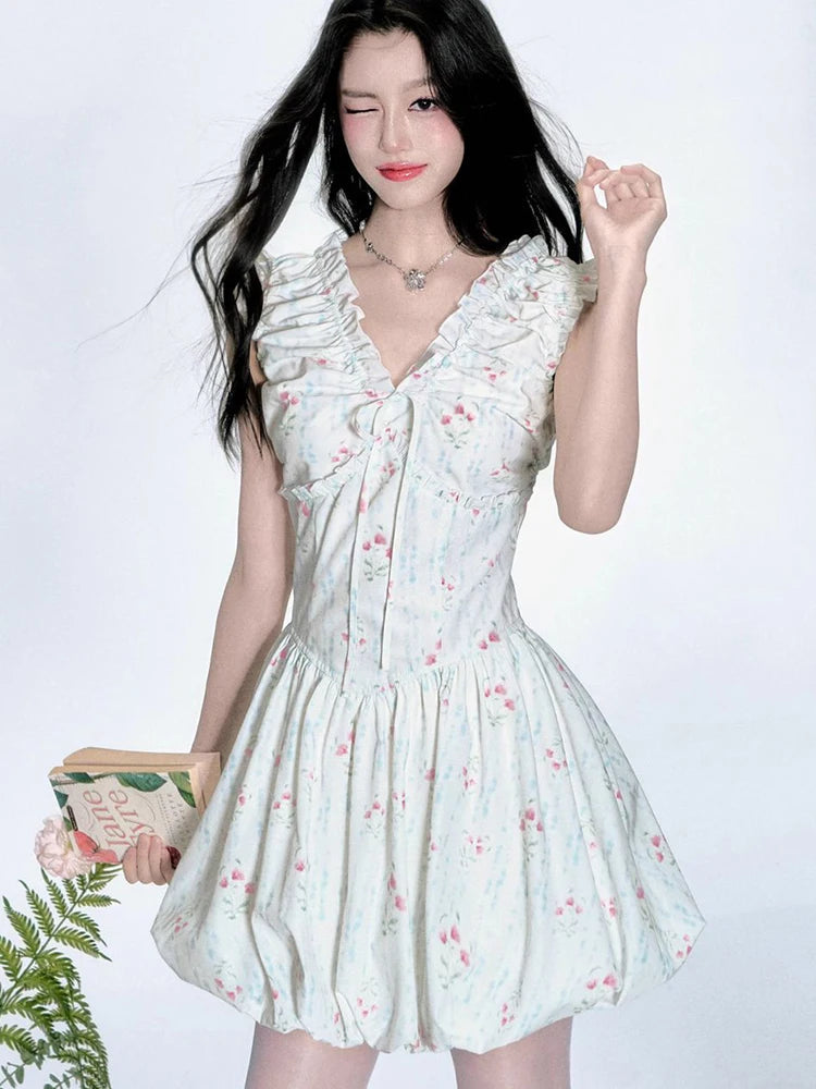 Floral V Neck Sexy Dress Women Casual Elegant Sleeveless Mini Dress Vintage Lace Up Female Korean Summer Beach Style Dress voguable