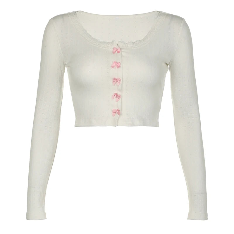 Voguable  Kawaii Multi Bow Single-breasted Knitted Top Solid Japanese Lolita Style Cropped Tops Sweet Barbiecore T-shirt y2k Tees voguable