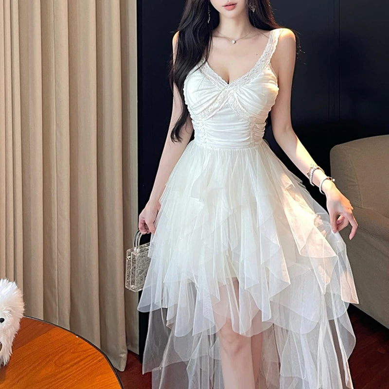 Voguable  French Style Spaghetti Strp Dress For Women Patchwork Lace Mesh Birthday Party Gril Dress Irregular Princess Dress voguable