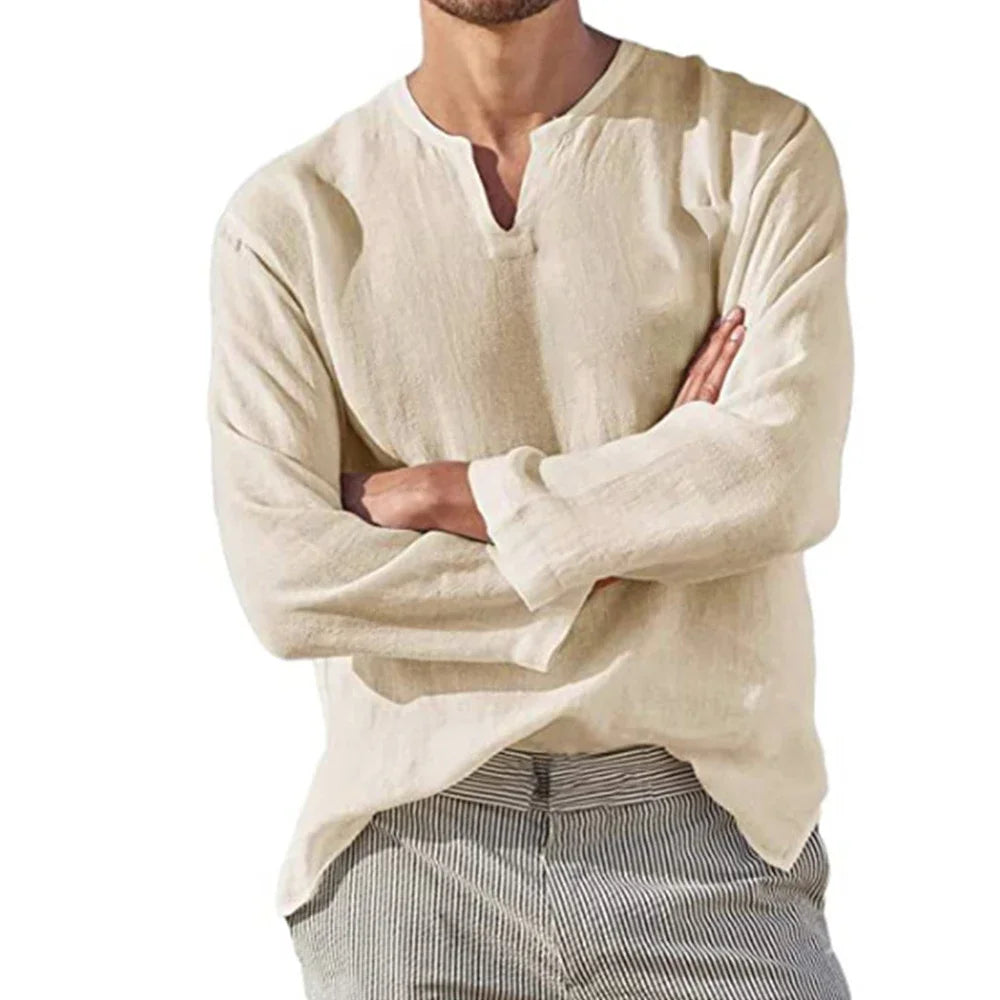 Men's Cotton Linen Shirt Cozy Solid Color Long Sleeve Breathable Tops V Neck Casual Blouse Hawaiian Shirt Lightweight Shirts voguable