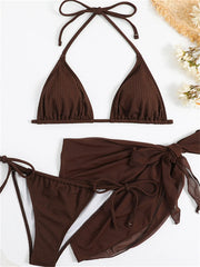 Voguable Sexy Solid Brown Bikinis Set Women Ribbed Halter Push Up Mesh Skirt Swimsuit 2024 Mujer Brazilian Bathing Suit Cover Up Swimwear voguable